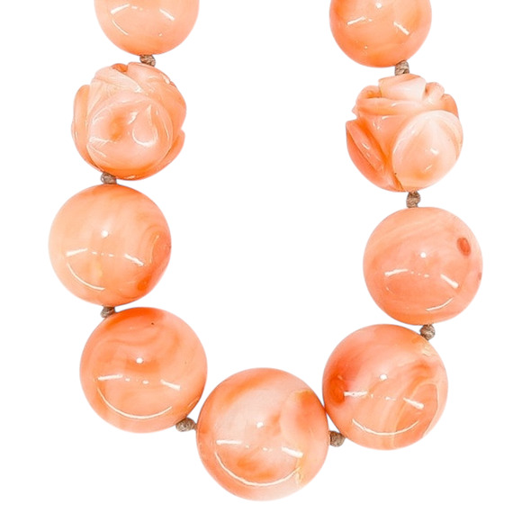 Salmon Pink Peach Momo Coral Necklace - New Strung w NOS Beads - 40g 18” - Picture 2 of 11